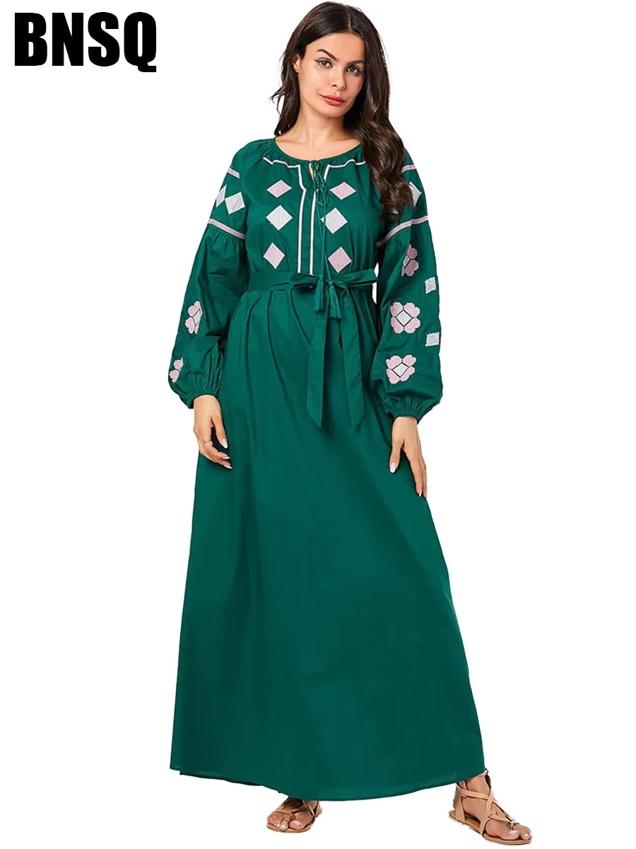 BNSQ модное Цветочный вышитый кружевной Макси платье арабский пакистанский сальвар камиз мусульманская одежда Турция Кафтан Оман абайя - Цвет: 9062 green