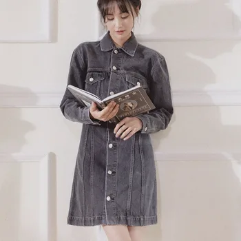 

LANMREM 2020 Spring New Fashion Lapel Single-breasted Washed Old Long-sleeved Gray Black Denim Dress Female PB751