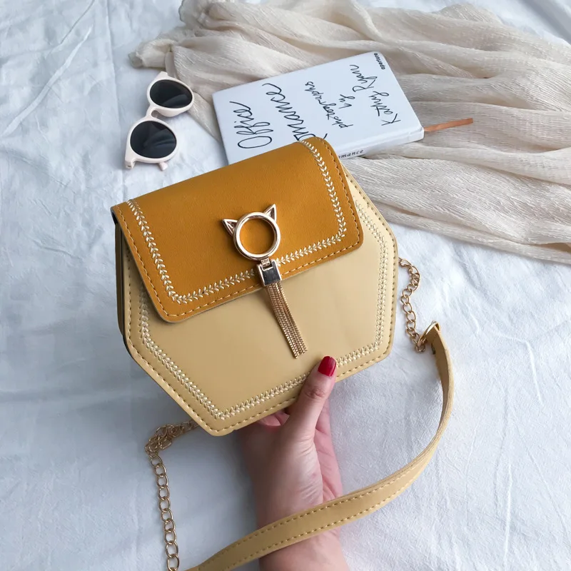 

INS Textured Bag Fashion Tassels Bag with Chain New Style 2020 Geometry Square Sling Bag Dull Polish WOMEN'S Bag Shoulder Bag