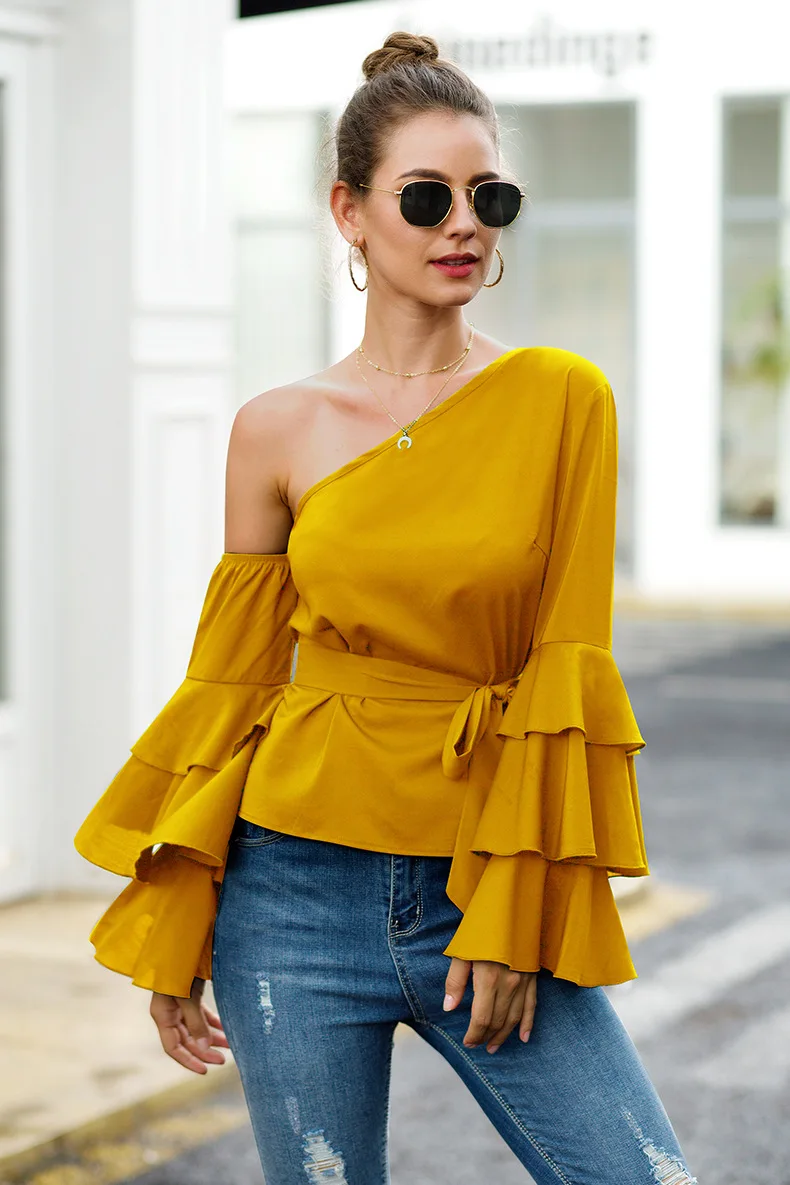 ruffled petals long-sleeved oblique shoulder chiffon shirt spring and fall tie waist solid color fashion Street clothing