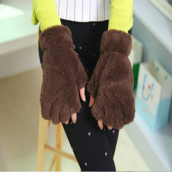 Winter Women Paw Gloves Fingerless Fluffy Bear Cat Plush Warm Ladies Half Covere