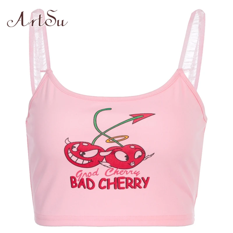 ArtSu Sexy With Lace Spaghetti Straps Slash Neck Cartoon Print Backless Crop Top 2020 Summer Women Cute Slim Camis ASVE28012 ArtSu Sexy With Lace Spaghetti Straps Slash Neck Cartoon Print Backless Crop Top 2020 Summer Women Cute Slim Camis ASVE28012