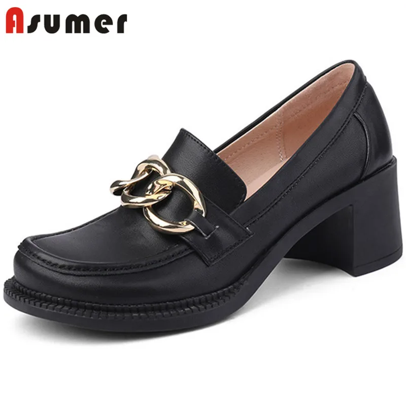 

Asumer 2022 New Arrive High Heels Ladies Loafers Round Toe Chain Top Quality Single Shoes Women Pumps Genuine Leather Shoes