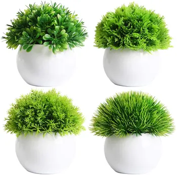 

Set of 4 Artificial Plants Potted Artificial Ball Shaped Tree Fake Fresh Green Grass in White Plastic Pot for Home Decorate