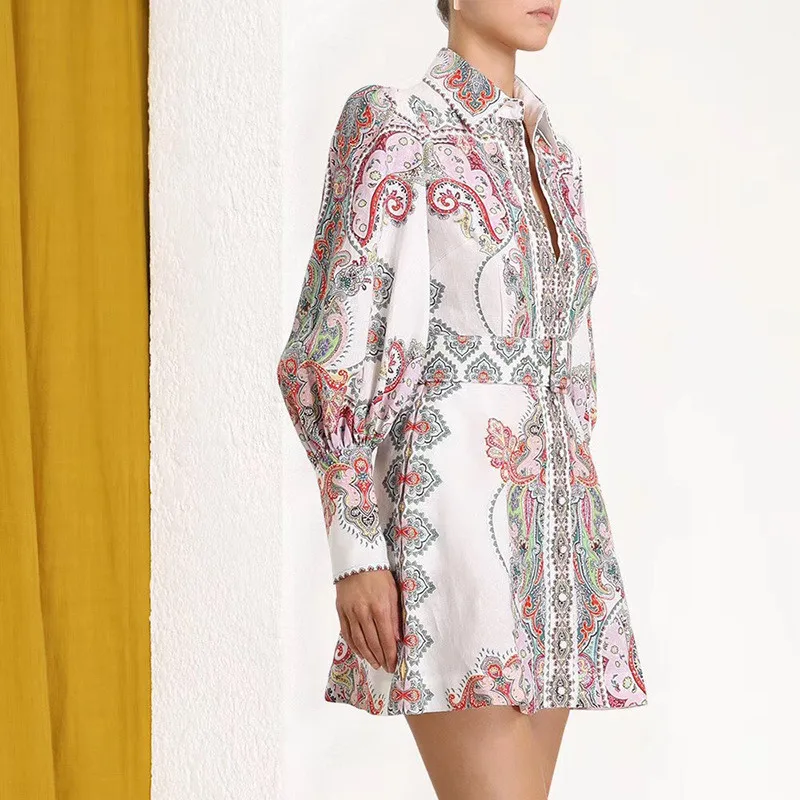 DEAT New Turn-down Collar Lantern Sleeves Printed High Waist Single Breasted Mini Length Dress Female Vestido WJ05209L