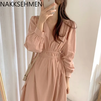 

2020 new ins sweet girl mid length lace up waist V-neck bottoming long sleeve dress female