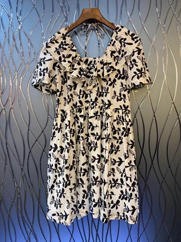 

2020 Spring and Summer New Women's Irregular Collar Slingback Knotted Ruffles Neckline Printed Short-Sleeve Dress 605