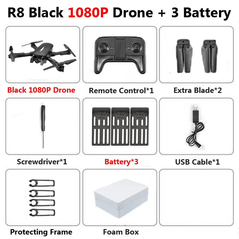 R8 1808 дрон с двойной камерой 1080P 4K PX1600W HD WiFi FPV оптический поток автоматическая красота RC квадрокоптер вертолет XS816 SG106 - Цвет: Black 1080P 3B Foam