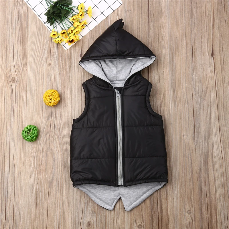 Winter Cotton Waistcoats Infant Kids Baby Girls Boy Dinosaur Vest Zip Hooded Jacket Coat Tops Warm Outerwear Hoodies 6M-5T