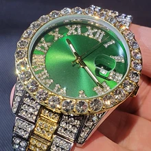 

New Diamond Fashion Quartz Watch Men Brand Luxury Golden Clock Stainless Steel Watch Men Gold Green Mens Watches Reloj Hombre