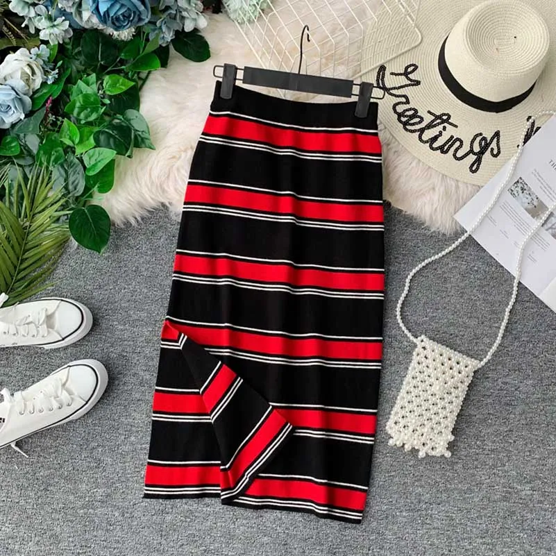 NiceMix новая полосатая Осенняя Женская юбка трикотажная стрейч модная Faldas Mujer Moda Высокая талия панелями женские длинные юбки