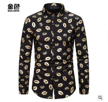 

Lips printed kiss marks bronzing printed stand collar shirt men's long sleeves plus fat increase gold and silver shiny shirt