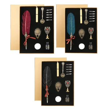 

1 Set Retro Dipped in Water Quill Pen Red/Green/Black Feather Dip Pen Set For Birthday Gift Student Calligraphy Writing Tool