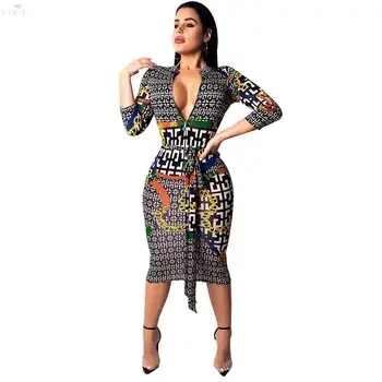

New Sexy Dress Elegant Club Sheath Print Dress Three Quarter Sashes Mid-calf Regular Empire V-neck Zipper Spring Womens Dresses