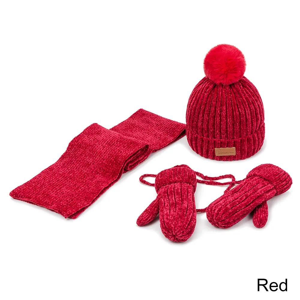 Red Комплект из 3 предметов; детская шапка и шарф; перчатки с воротником; комплект из плотного бархата; теплые зимние аксессуары для мальчиков и девочек; От 1 до 5 лет варежки - Цвет: Red
