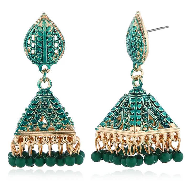 Green Мексиканские женские Золотые сережки jhumka индийские этнические Драгоценности Пакистан хиппи племя Бохо колокольчики кисточкой Висячие серьги Свадебные Bijoux - Окраска металла: Green