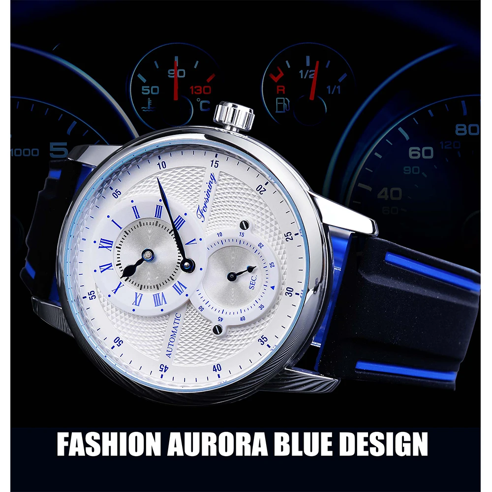 Forsining Luxury Men's Automatic Wristwatch Dual Dial Transparent Waterproof Mechanical Watches Silicone Band Casual Sport Clock