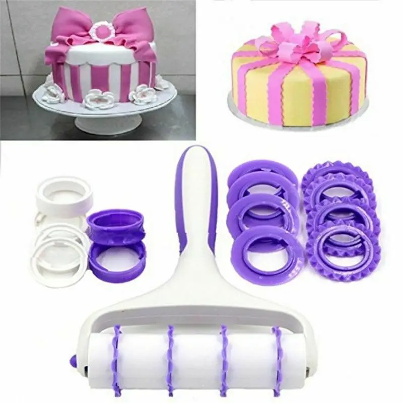 

Top Fondant Strip Ribbon Cutter Sugarcraft Cake Decorating Tools Rolling Pin Embosser Roller Set Baking Tools For Cakes