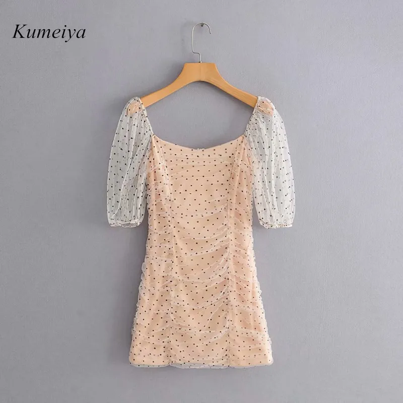 

Flocking Wave Point Print Women Pleated Mini Wrap Dress Leisure lady Lantern Sleeve Dresses 2019 Summer Autumn Slim Streetwear