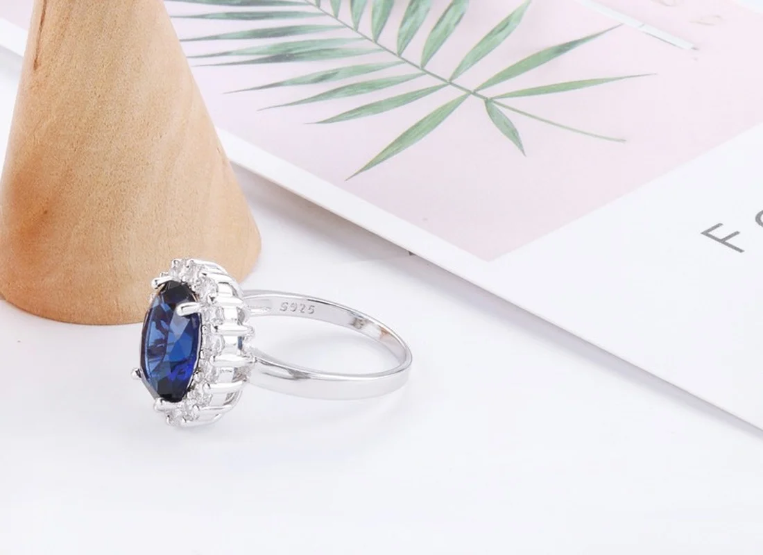 Silver ring princess cut 3.2ct created blue sapphire for women
