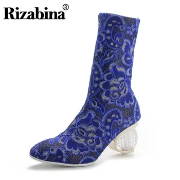 

RIZABINA Winter Warm Ankle Boots For Women Fashion Embroidery Round Toe High Heels Shoes With Fur Women Footwear Size 34-43
