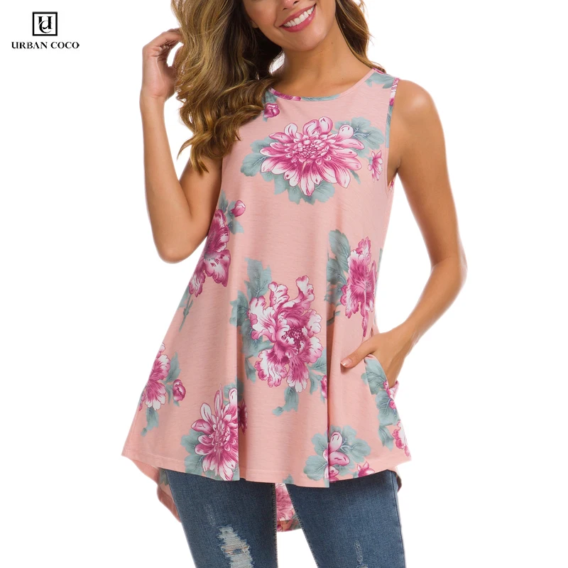 

Urban CoCo Women's Floral Print Sleeveless Flare Tunic Top with Pockets