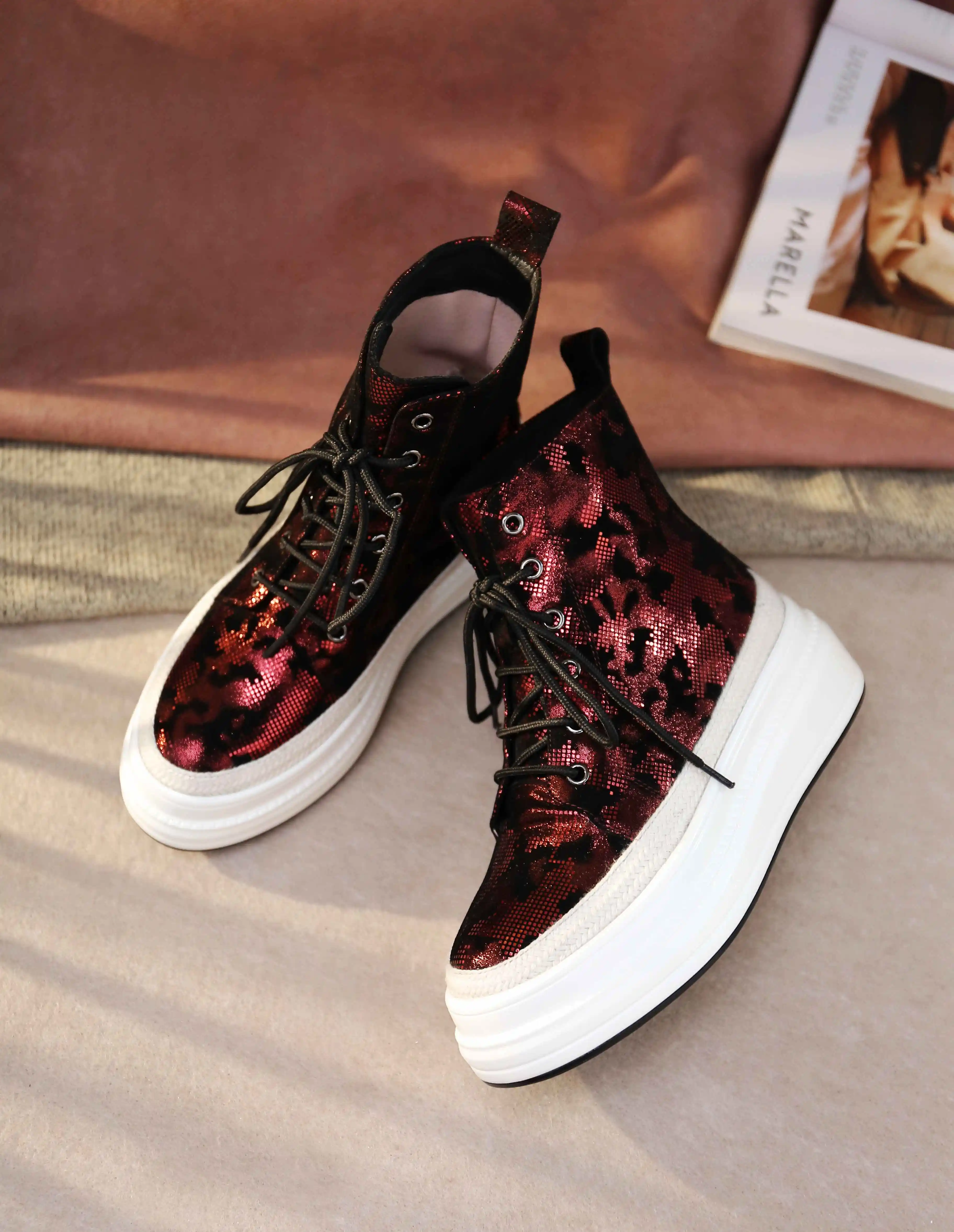 krazing pot new prints special sheep leather round toe med heel gladiator platform young girl street fashion mid-calf boots l2f7