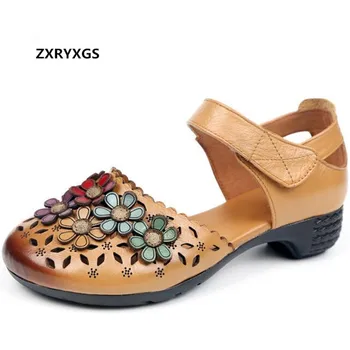 

2020 Famous New Round Head Cowhide Hollow Classic Flowers Women Sandals Summer Leather Sandals Low Heel Comfort Fashion Sandals
