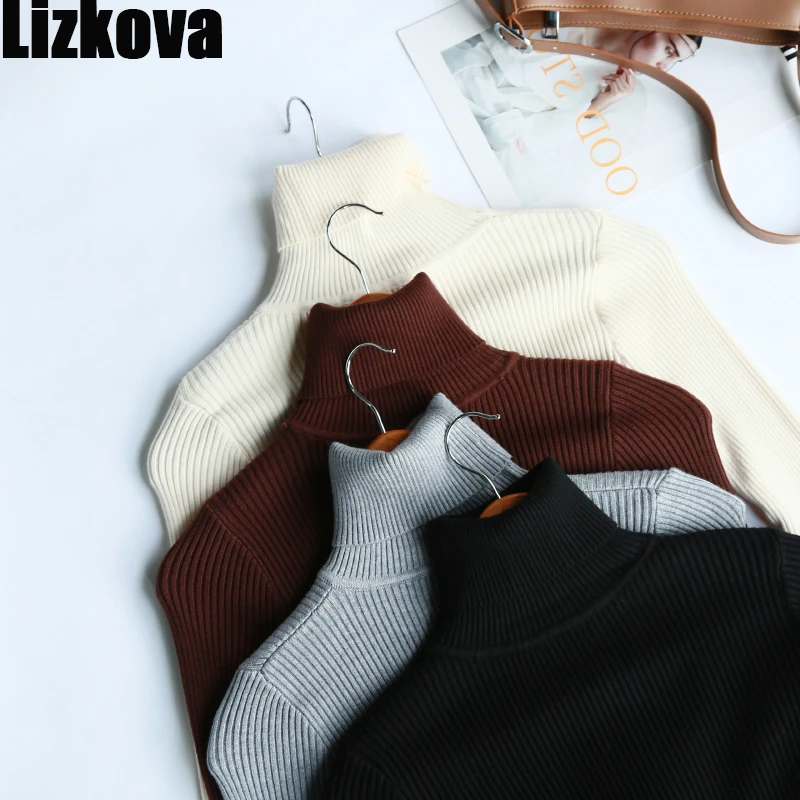 Turtleneck Sweater Tops Long-Sleeve Lizkova Black Rib-Knit Ladies Pullover Casual Winter