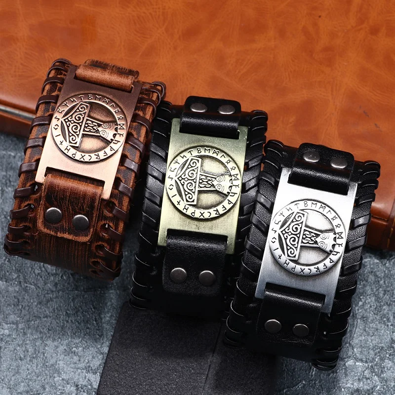 Retro Viking Rune Hammer Wide Leather Bracelet for Men Celtic Wolfhead Modish Jewelry On The Hand Western Style Accessories Gift | Украшения