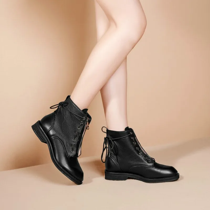 Xiuningyan Fashion Women Martin Boots Genuine Leather Lace Up with Zipper Ankle Boots Handmade Soft Leather Basic Shoes Woman