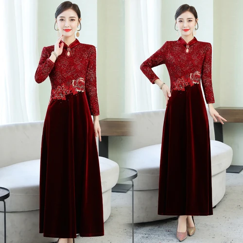 

2019 Fashion Lace Patchwork Women X-long Dresse Red Lace Sexy Mother Wedding Dress Velvet Modified Cheongsam Dress Clothes Drill