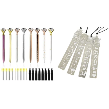 

Big Diamond Pens-16 Ink Pen Refills (Blue, Black) 8 Novelty Jewel Pens with 8 Velvet Gift Bags & 4x Iron Bookmark Ruler