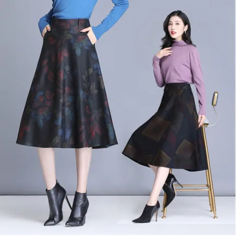 Элегантная Офисная Женская винтажная юбка миди с принтом осенне-зимняя юбка женская трапециевидная плиссированная шерстяная юбка размера плюс fw620