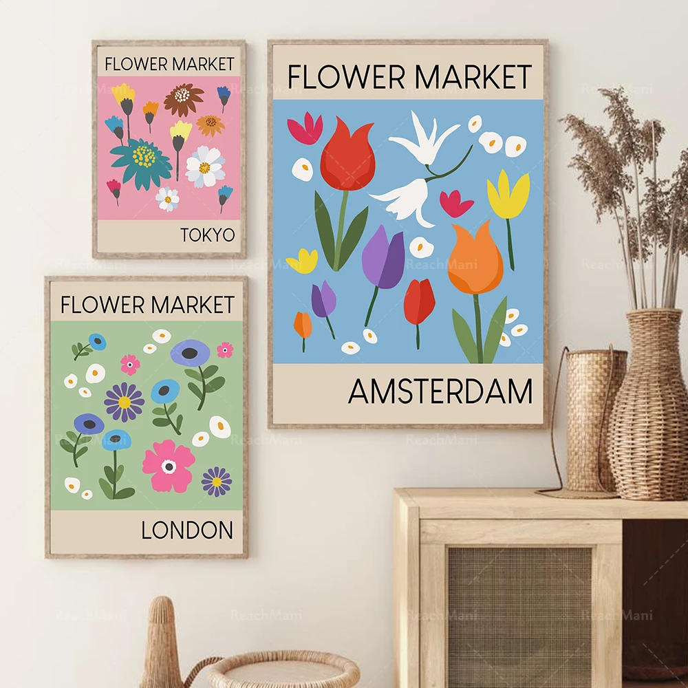 

Flower market prints 3-piece set, flower market posters, abstract flower prints, modern posters, decorative wall posters with bo