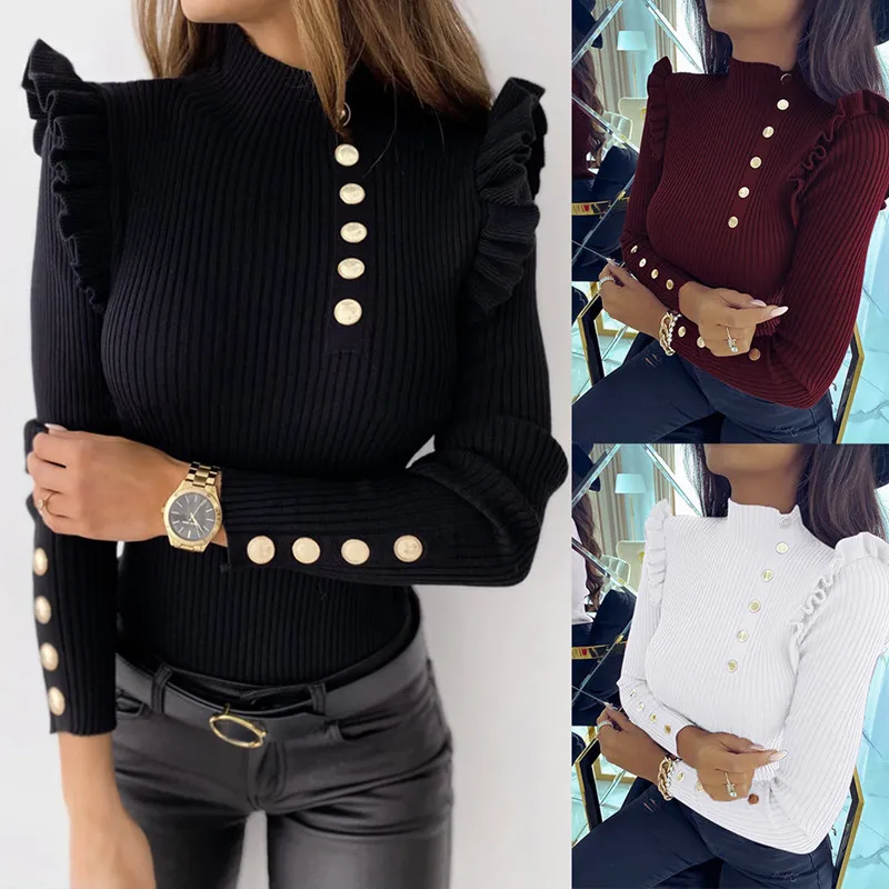 

Solid Casual Autumn Women Button Slim Ruffled Office Long-sleeved Tops 2020 Ladies Basic Base Knitted Blouse Sexy Black Shirt