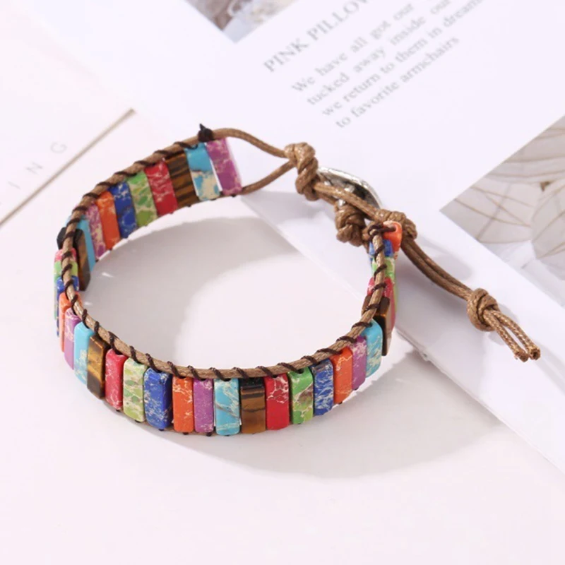 Chakra Bracelet Jewelry Handmade Multi Color Natural Stone Tube Beads Leather Wrap Couples Bracelets Creative Gifts