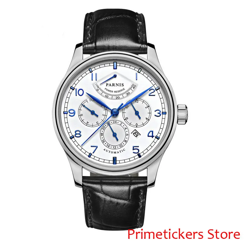  Parnis 42mm white dial power reserve date week 24 hours sapphire glass date 26 Jewels automatic men