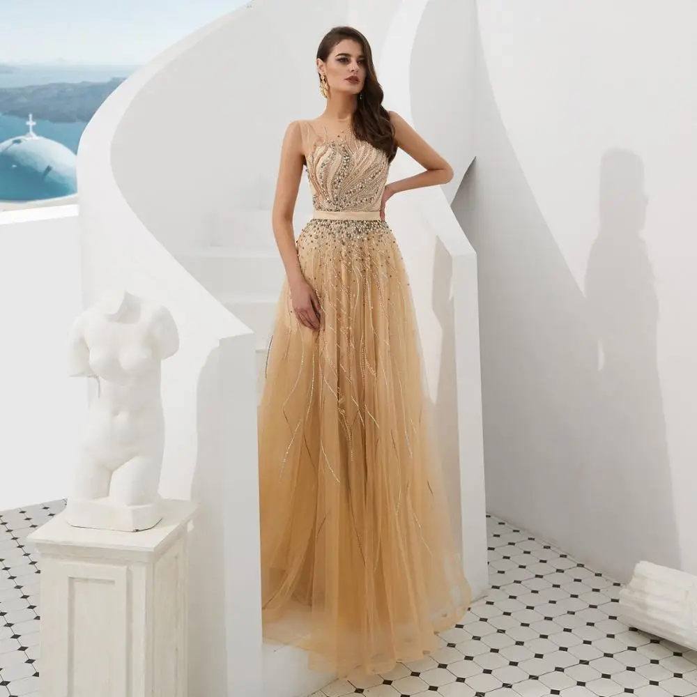 

Gold Evening Dresses Sheer Neck Crystals Beaded Sequins A Line Party Prom Gowns Floor Length Tulle Zipper Back for Celebrity