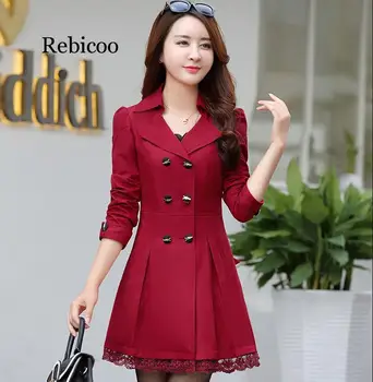 

2019 Spring/Autumn Trench Coat for Women Streetwear Lace Turn-down Collar Slim Fit Double Breasted Casaco Feminino Plus Size 3XL