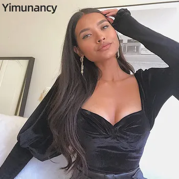 

Yimunancy Puff Sleeve Bodysuit Women V Neck Bodycon Bodysuit Ladies Long Sleeve Velvet Black Bodysuit Overalls Streetwear