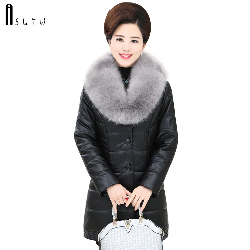 ASLTW XL-5XL Plus Size Long Leather Jacket Women New Winter Fur Collar Coat Women Single-breasted Cotton Pu Leather Jackets