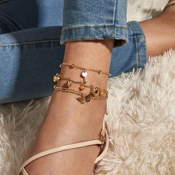 

2020 New 3Pcs/Set Boho Style Anklets For Women Girl Unique Design Gold Color Butterfly Key Heart Anklets