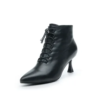 

2020 Autumn New European Station Lock Buckle Side Zipper Pointed Toe Thin Heeled High Heels Ankle Boots Women