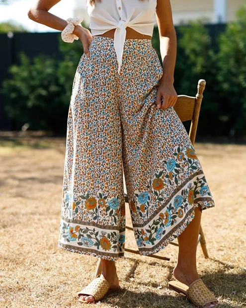 Everkaki Boho штаны с цветочным принтом женские свободные повседневные Летние цыганские Женские винтажные Широкие штаны женские Осенние новые