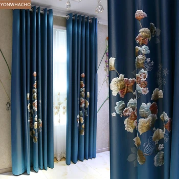 

Custom curtains Light luxury high-grade embroidered blue American bedroom cloth blackout curtain tulle panel B965