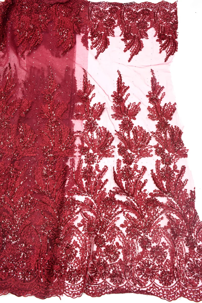 Tissu perlage Дубай вино французская кружевная ткань с бисером африканская последовательная кружевная ткань блестящая ткань нигерийский кружевной Материал 5 ярдов