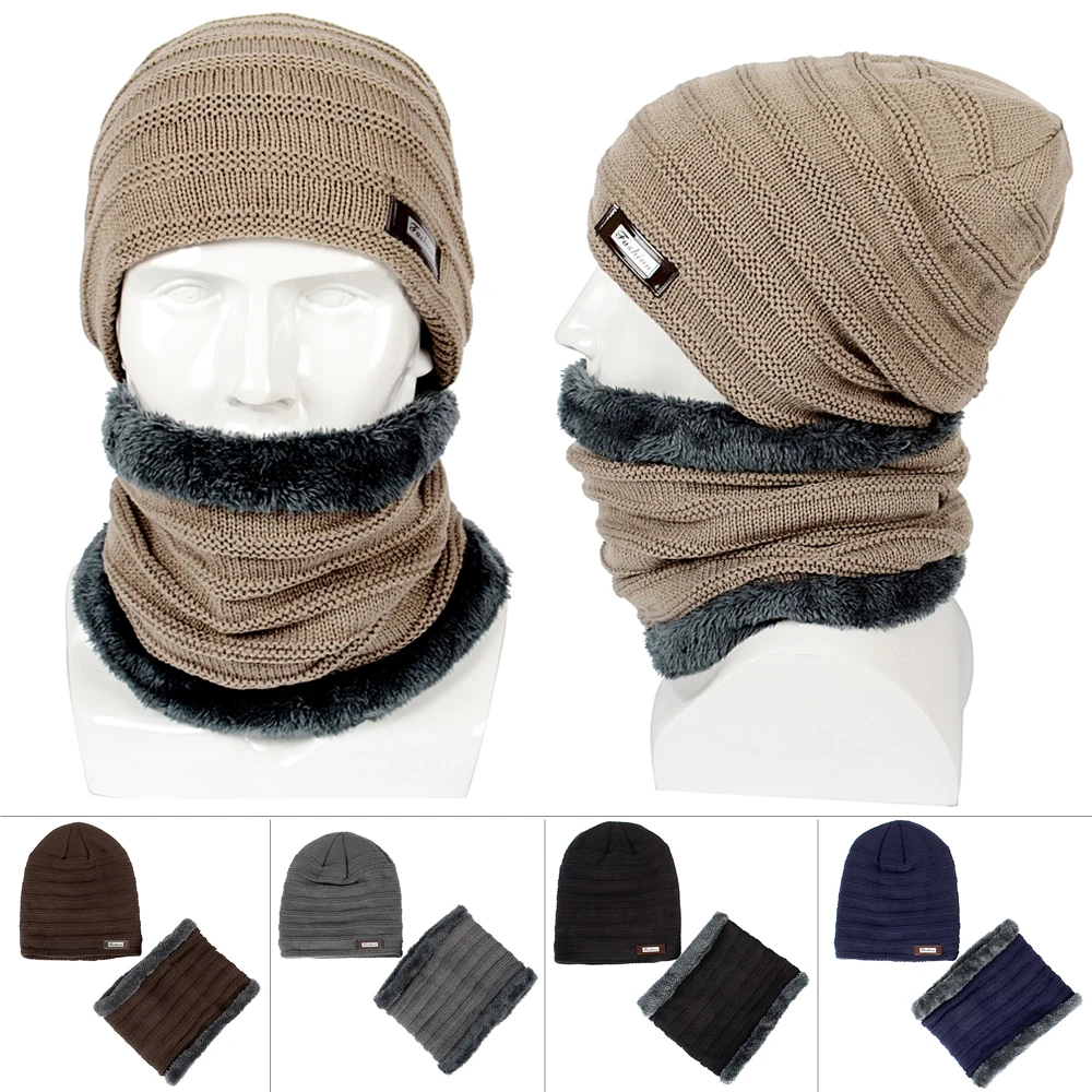 Fashion Trend Men Adult 2PCS Winter Newest Knit Baggy Beanie Hat Ski Slouchy Skull Cap Fleece Lined Neckerchief Casual Sets