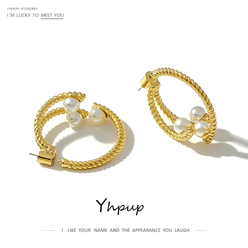 

Yhpup Personality Removable Stud Earrings Copper Imitation Pearls Gold Earrings Minimalist Jewelry for Female Party Gift S925