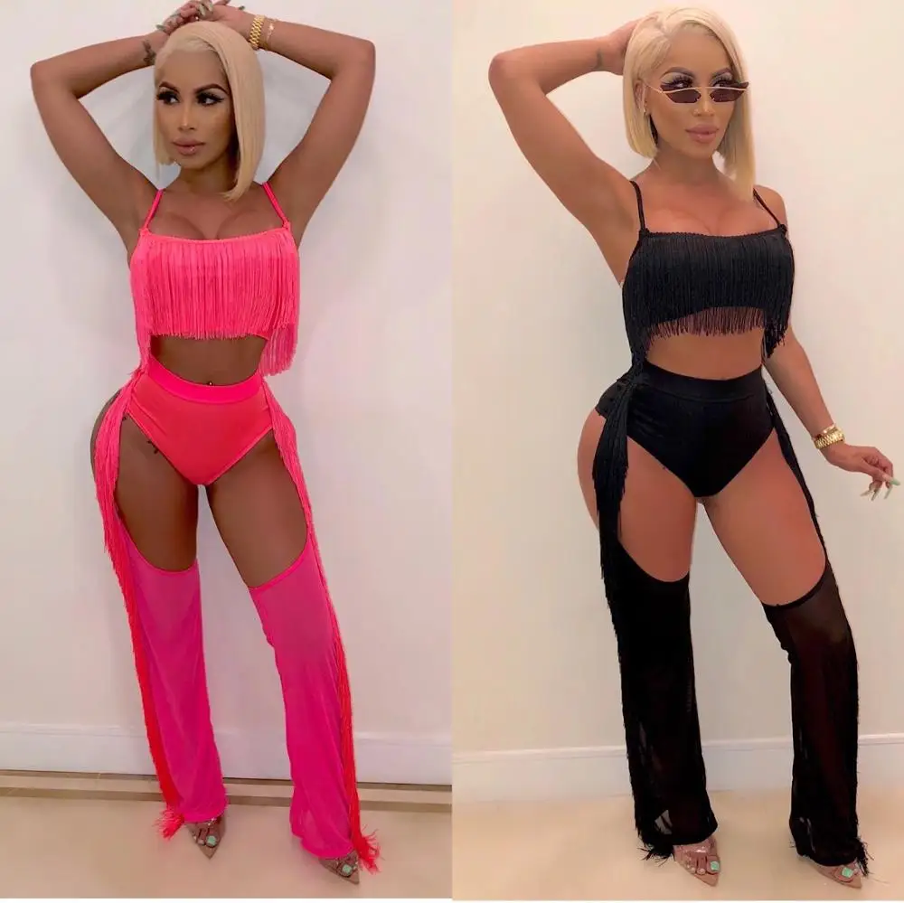

Autumn Tassel Two Piece Set Sexy Crop Top And Pants Set 2 Piece Set Women Outfits 2019 Party Club Wear Matching Sets Black Pink